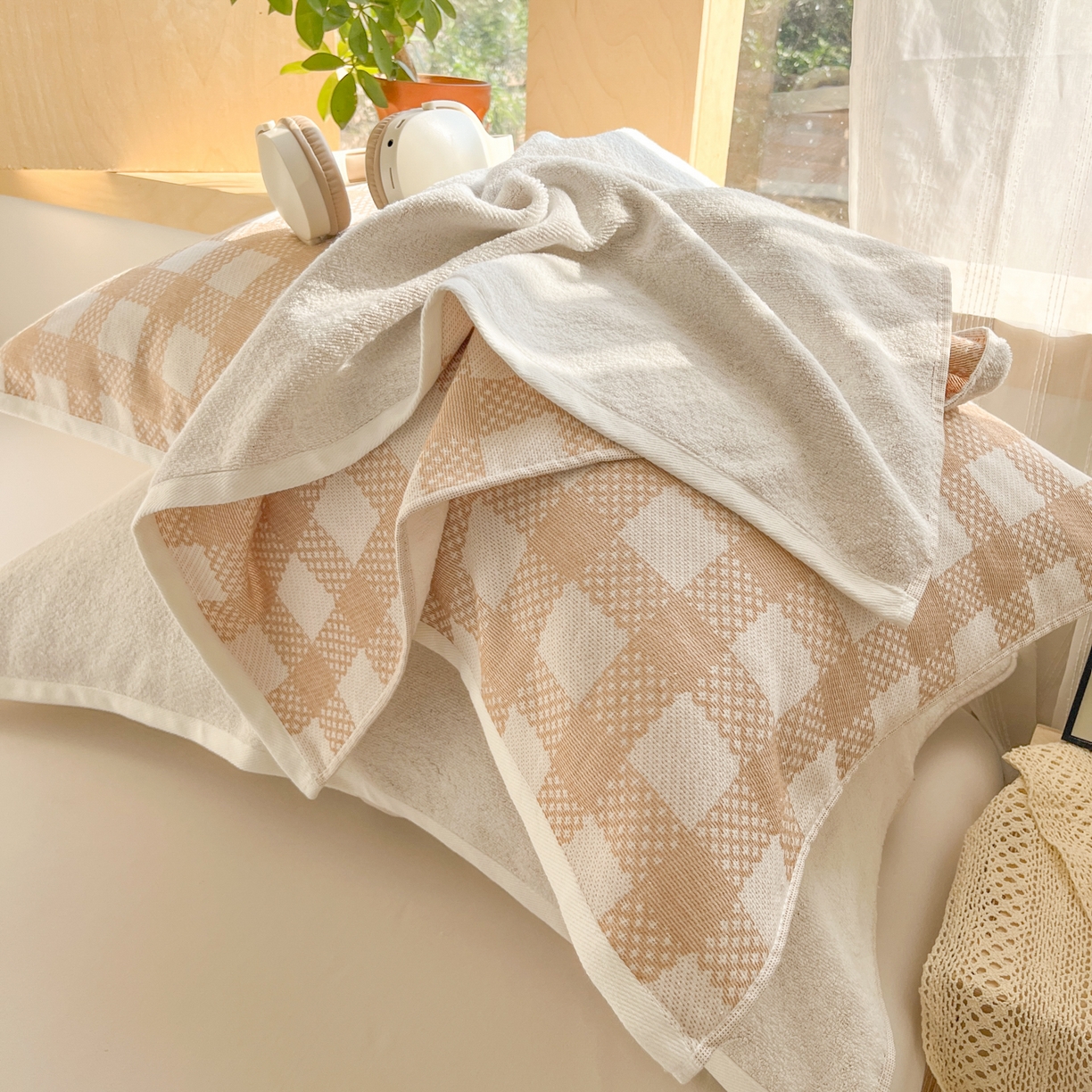 91家纺网 家纺一手货源 找家纺 美宜家 2025新品全棉枕巾简约无印双人单人织边里外棉枕巾 念想-卡其 48*74cm一只