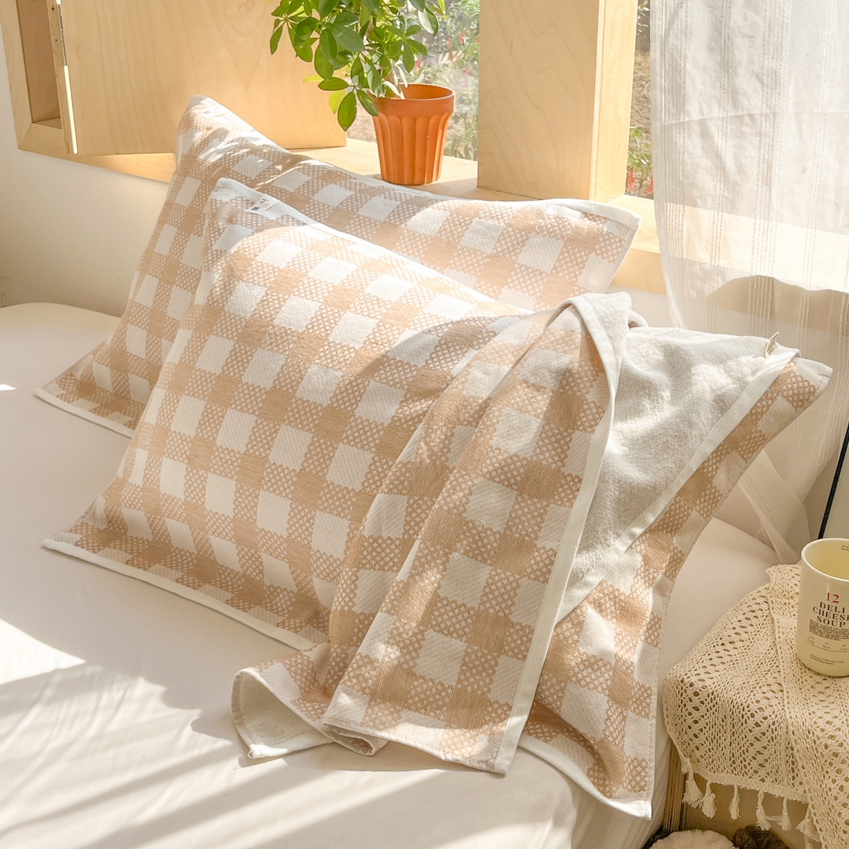 91家纺网 家纺一手货源 找家纺 美宜家 2025新品全棉枕巾简约无印双人单人织边里外棉枕巾 念想-卡其 48*74cm一只