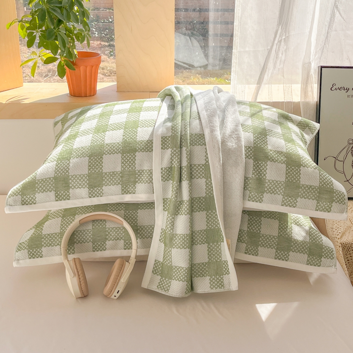 91家纺网 家纺一手货源 找家纺 美宜家 2025新品全棉枕巾简约无印双人单人织边里外棉枕巾 念想-绿 48*74cm一对