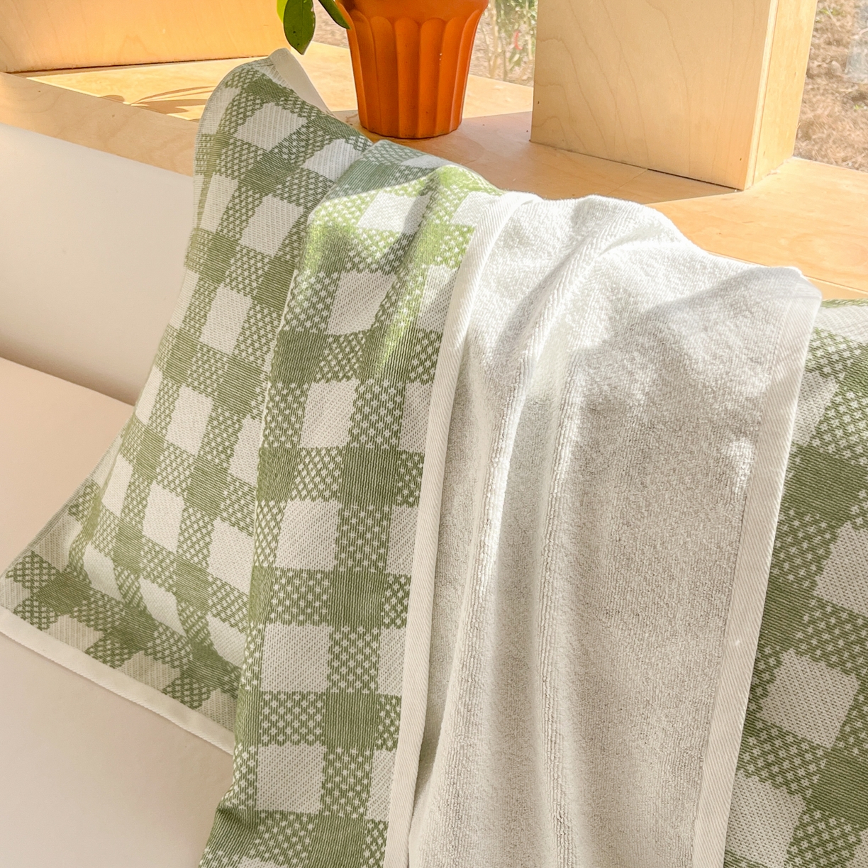 91家纺网 家纺一手货源 找家纺 美宜家 2025新品全棉枕巾简约无印双人单人织边里外棉枕巾 念想-绿 48*74cm一对