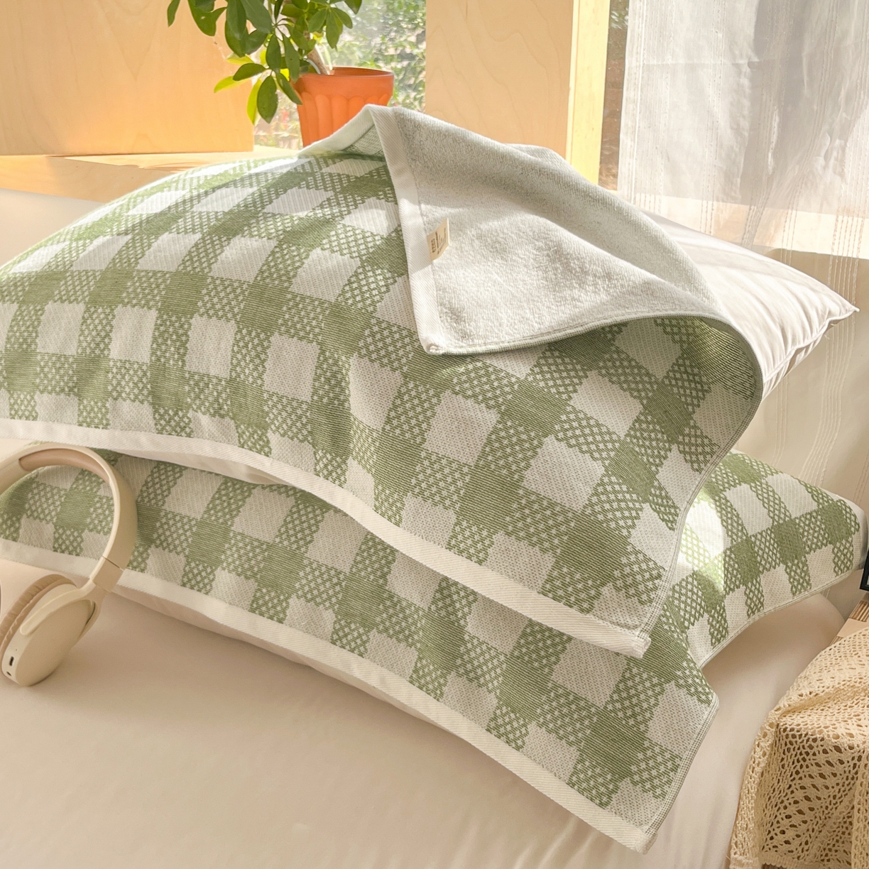 美宜家 2025新品全棉枕巾简约无印双人单人织边里外棉枕巾 念想-绿 48*74cm一只