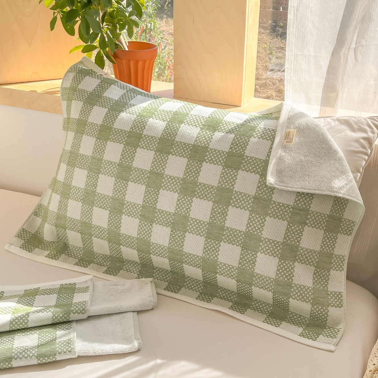 91家纺网 家纺一手货源 找家纺 美宜家 2025新品全棉枕巾简约无印双人单人织边里外棉枕巾 念想-绿 48*74cm一只