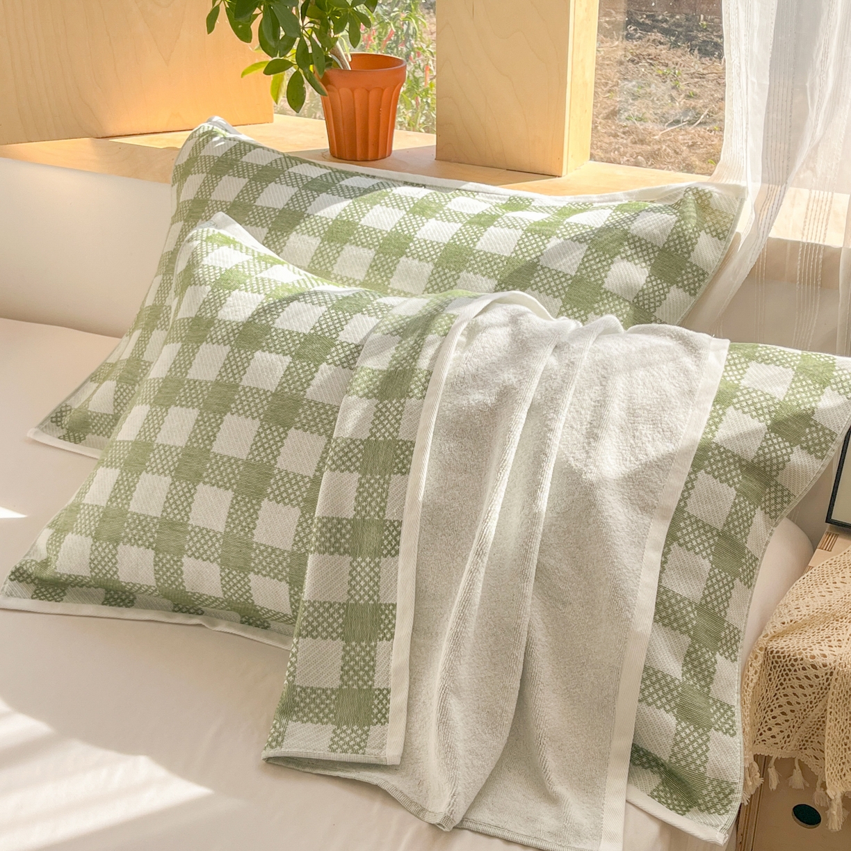 91家纺网 家纺一手货源 找家纺 美宜家 2025新品全棉枕巾简约无印双人单人织边里外棉枕巾 念想-绿 48*74cm一只