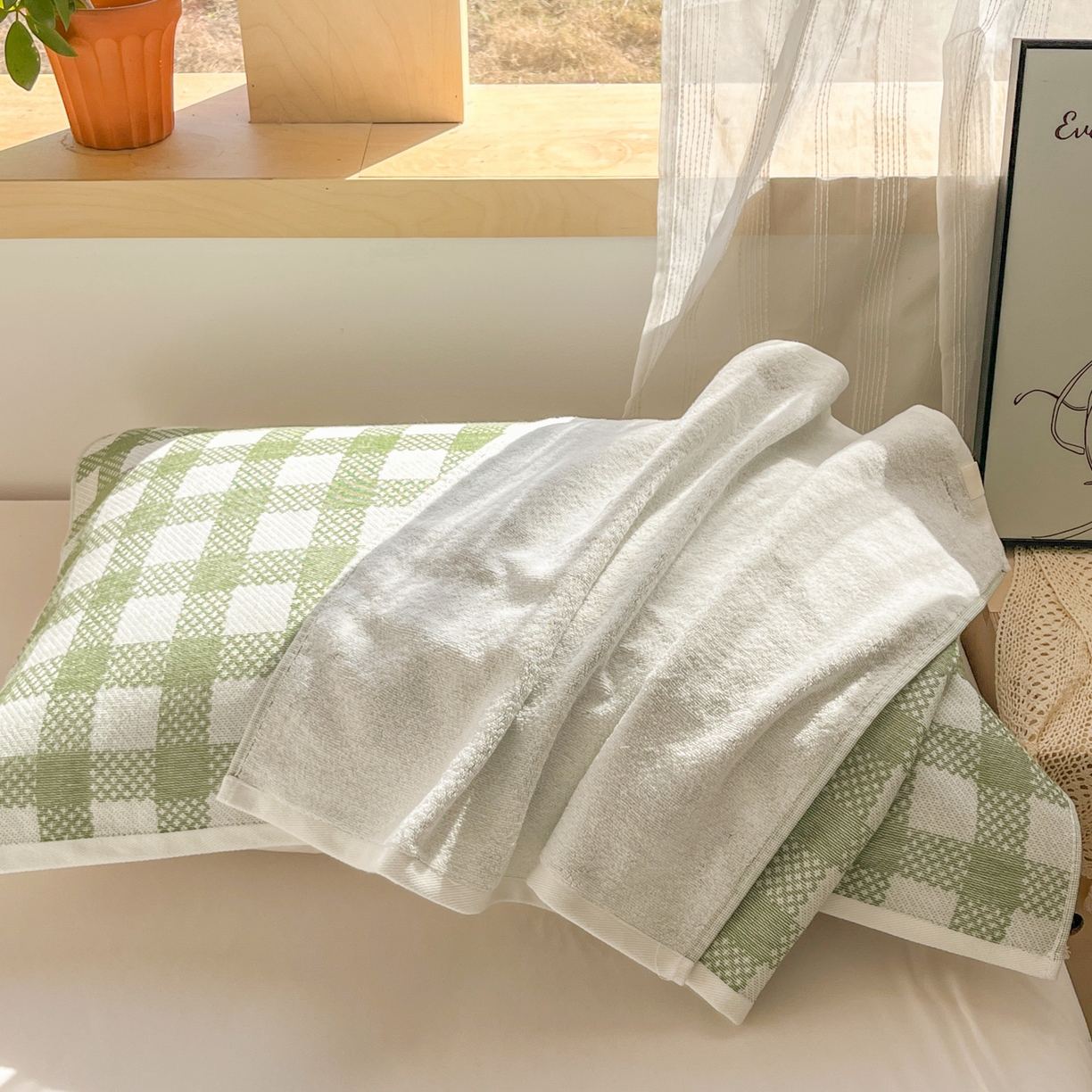 91家纺网 家纺一手货源 找家纺 美宜家 2025新品全棉枕巾简约无印双人单人织边里外棉枕巾 念想-绿 48*74cm一只
