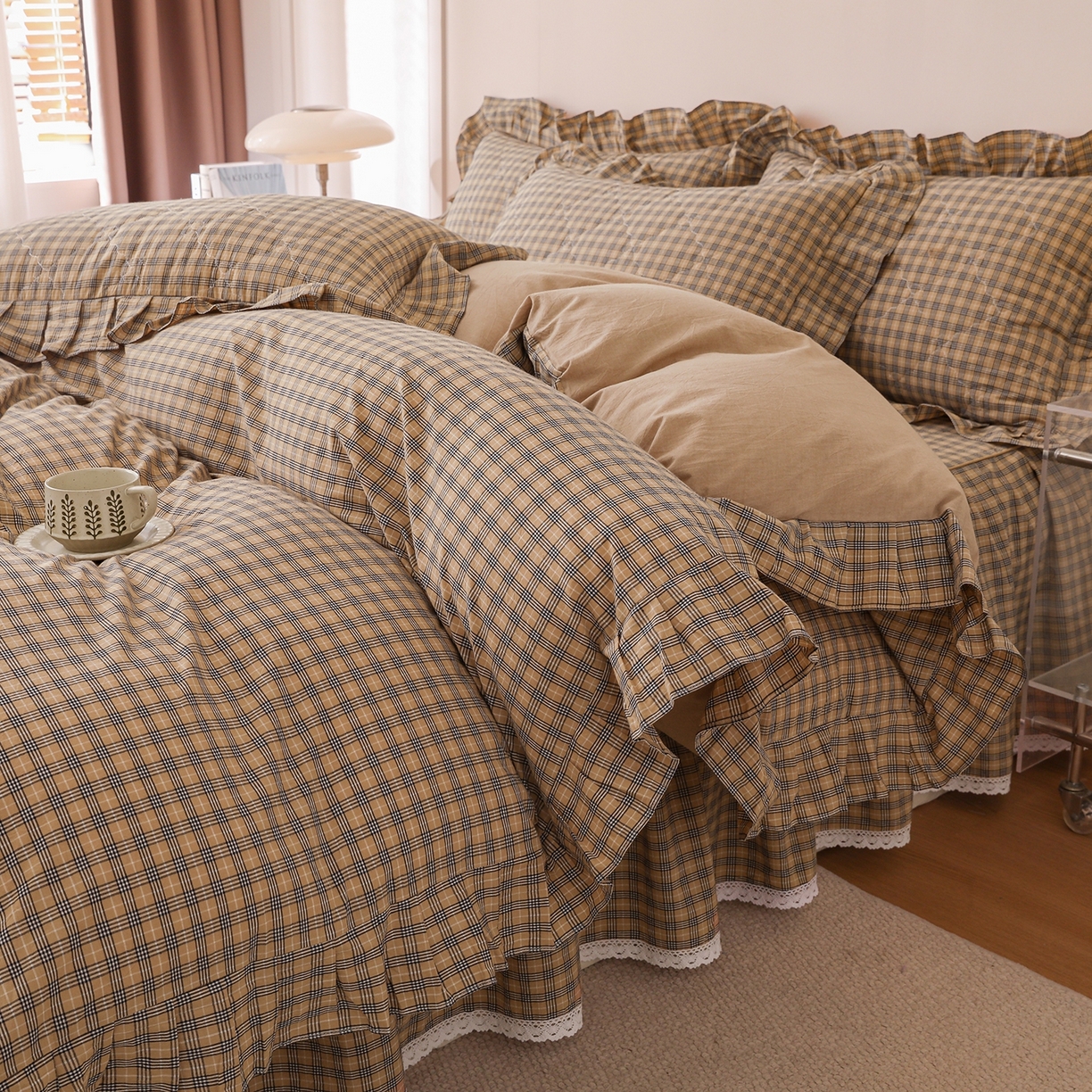 91家纺网 家纺一手货源 找家纺 （总）依蔓羽 2026新款全棉纯棉色织水洗米床裙三件套单品床裙单件床裙