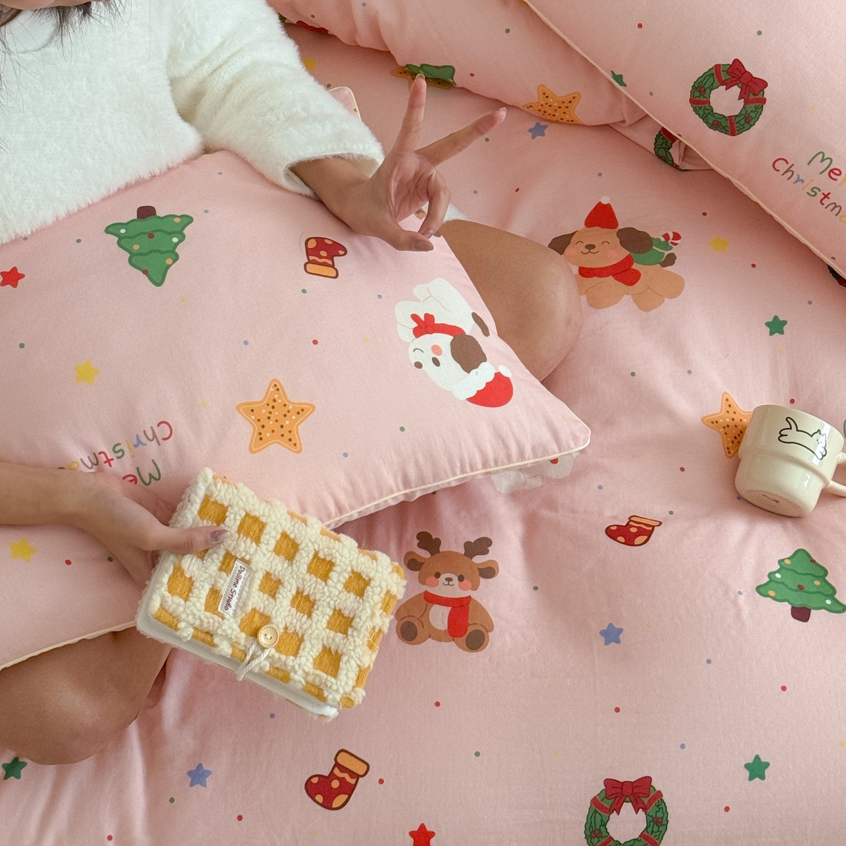 91家纺网 家纺一手货源 找家纺 （总）西西家居 2025新款超柔有氧双层纱四件套-圣诞快乐