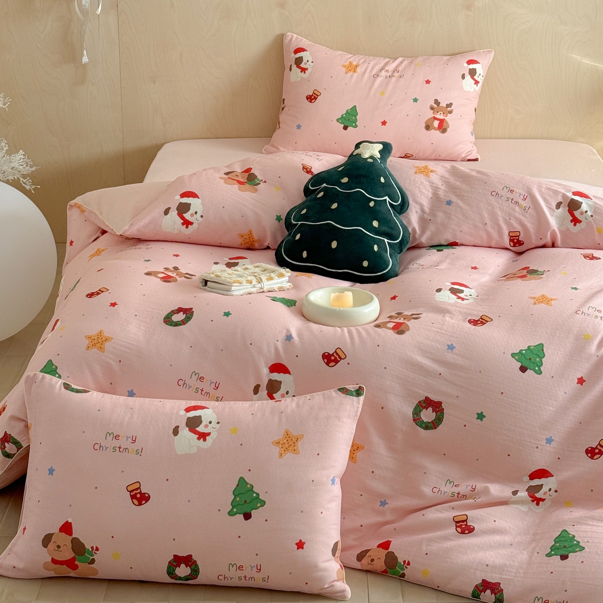 西西家居 2025新款超柔有氧双层纱四件套-圣诞快乐 圣诞快乐-粉