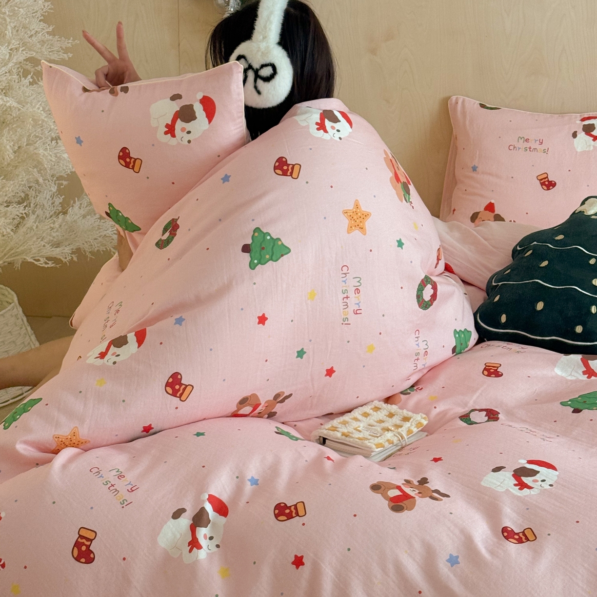91家纺网 家纺一手货源 找家纺 西西家居 2025新款超柔有氧双层纱四件套-圣诞快乐 圣诞快乐-粉
