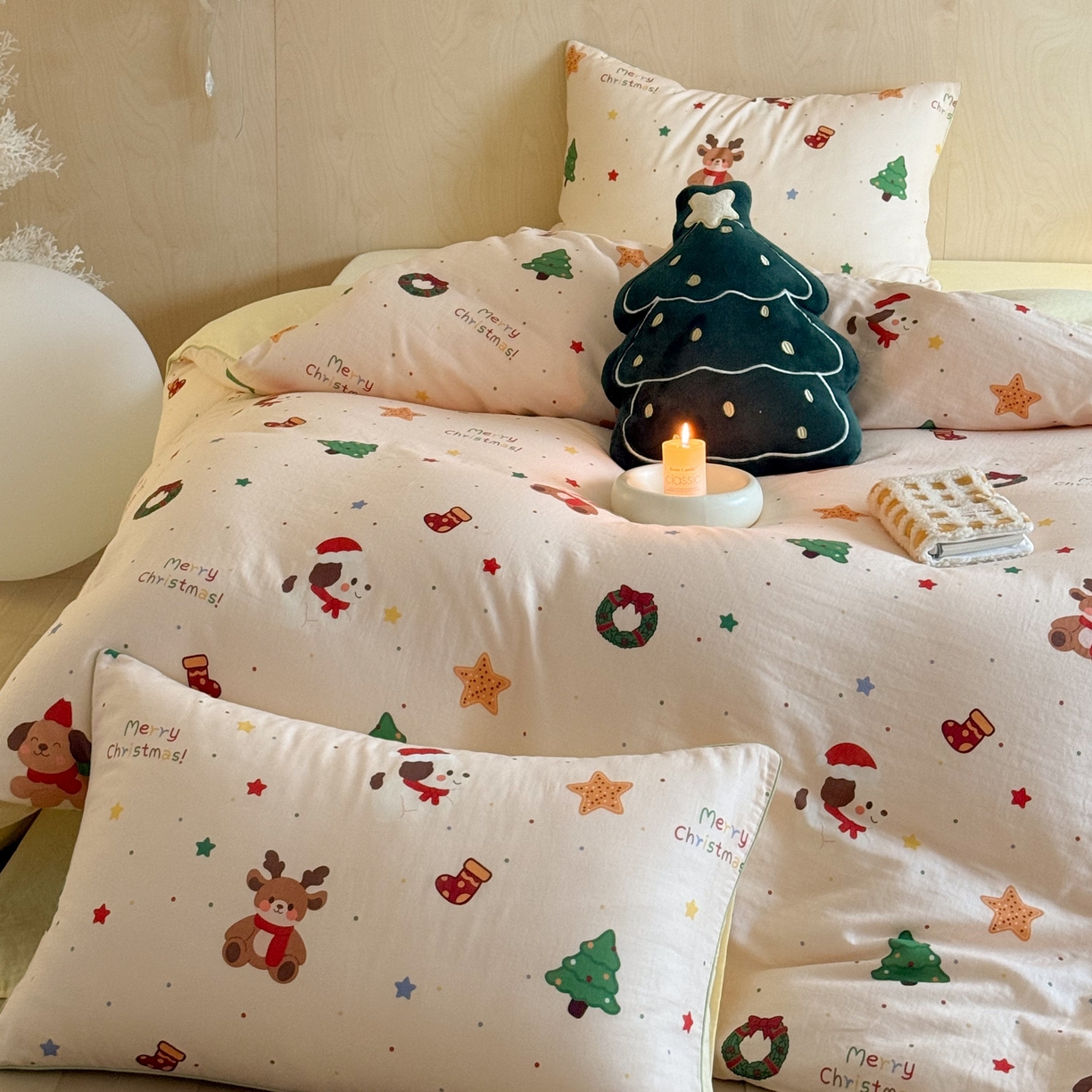 西西家居 2025新款超柔有氧双层纱四件套-圣诞快乐 圣诞快乐-米