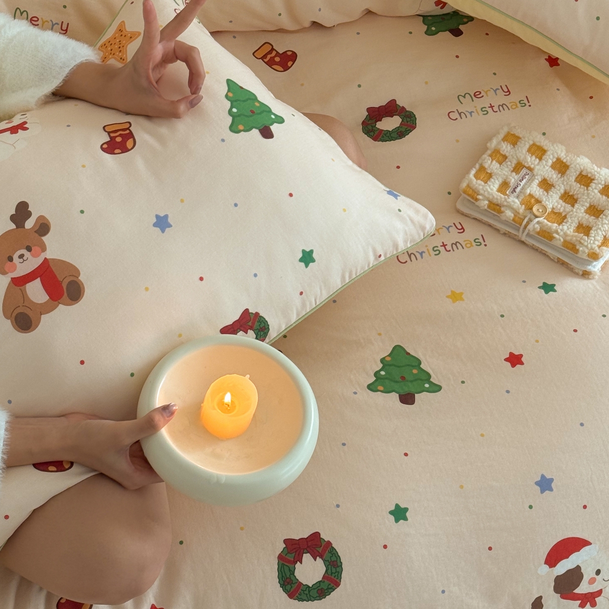 91家纺网 家纺一手货源 找家纺 西西家居 2025新款超柔有氧双层纱四件套-圣诞快乐 圣诞快乐-米