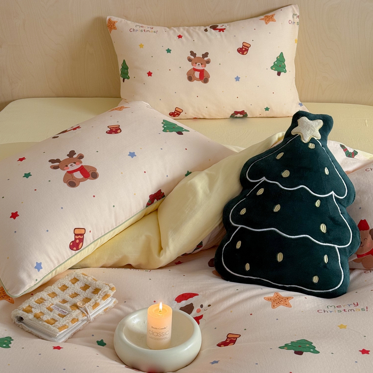 91家纺网 家纺一手货源 找家纺 西西家居 2025新款超柔有氧双层纱四件套-圣诞快乐 圣诞快乐-米