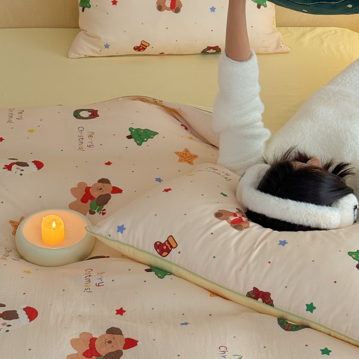 91家纺网 家纺一手货源 找家纺 西西家居 2025新款超柔有氧双层纱四件套-圣诞快乐 圣诞快乐-米