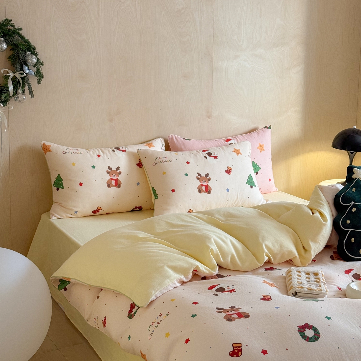 91家纺网 家纺一手货源 找家纺 西西家居 2025新款超柔有氧双层纱四件套-圣诞快乐 圣诞快乐-米
