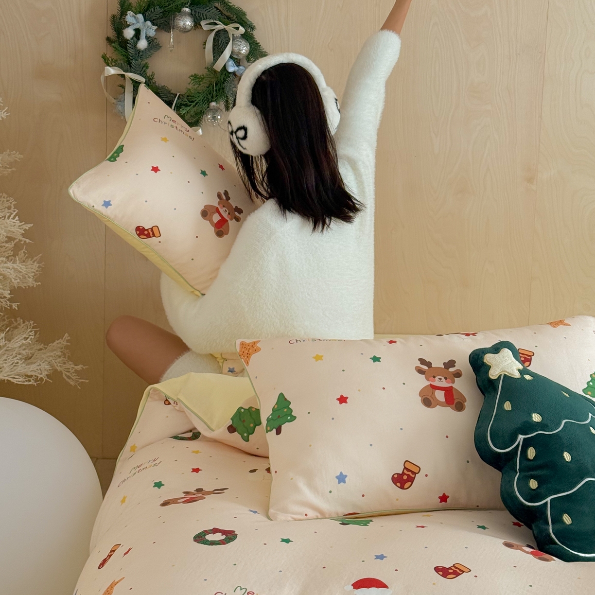 91家纺网 家纺一手货源 找家纺 西西家居 2025新款超柔有氧双层纱四件套-圣诞快乐 圣诞快乐-米