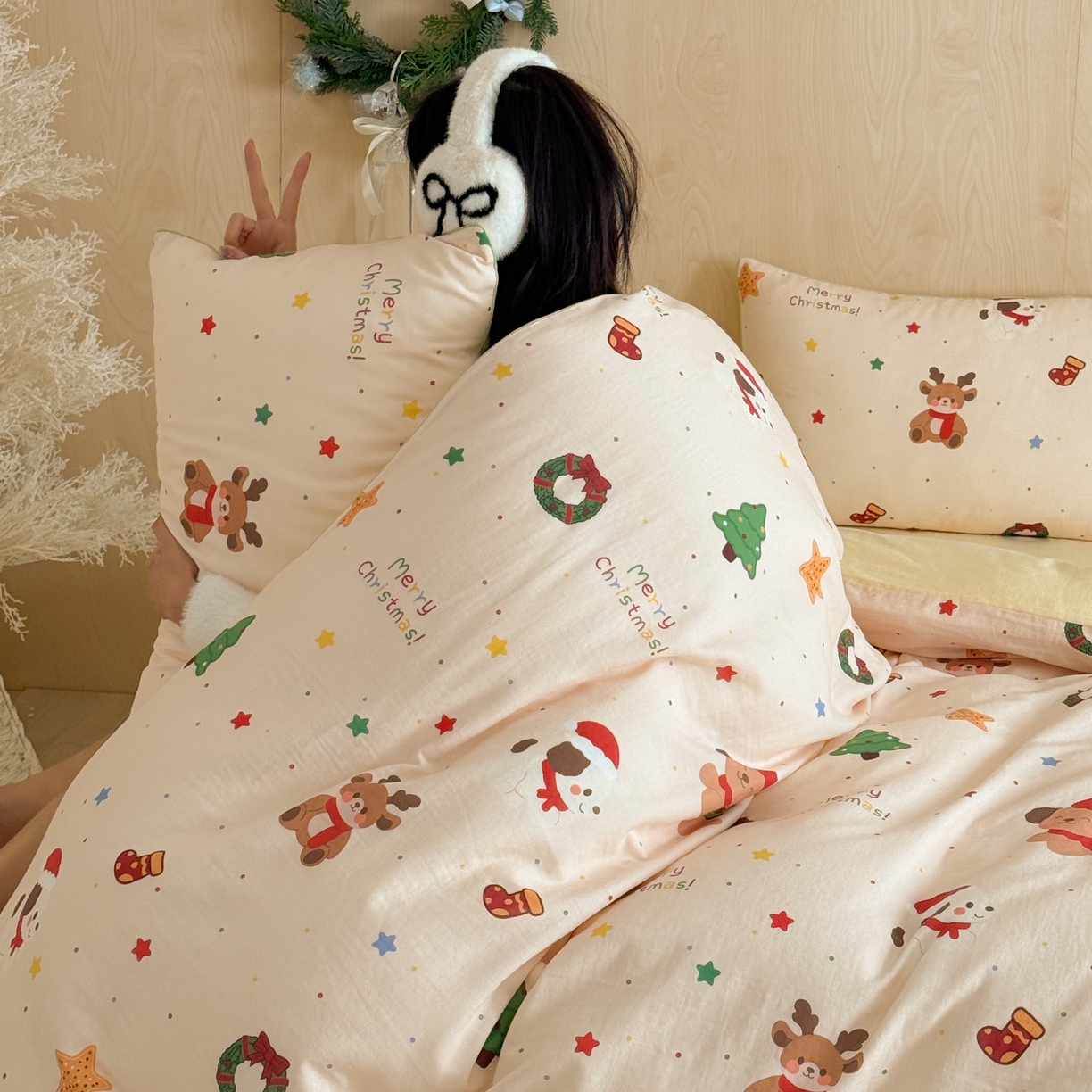91家纺网 家纺一手货源 找家纺 西西家居 2025新款超柔有氧双层纱四件套-圣诞快乐 圣诞快乐-米