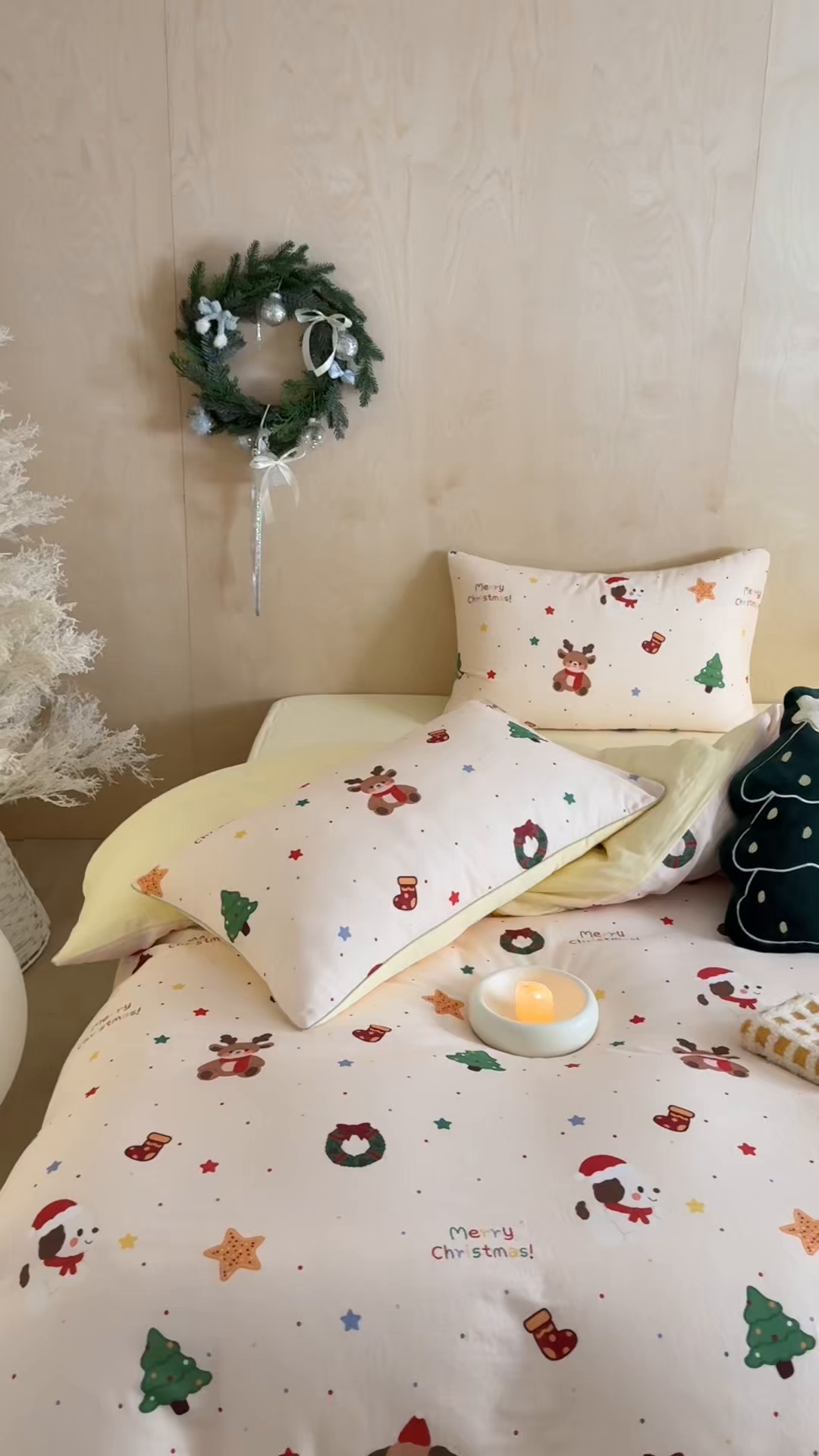 91家纺网 家纺一手货源 找家纺 西西家居 2025新款超柔有氧双层纱四件套-圣诞快乐 圣诞快乐-米