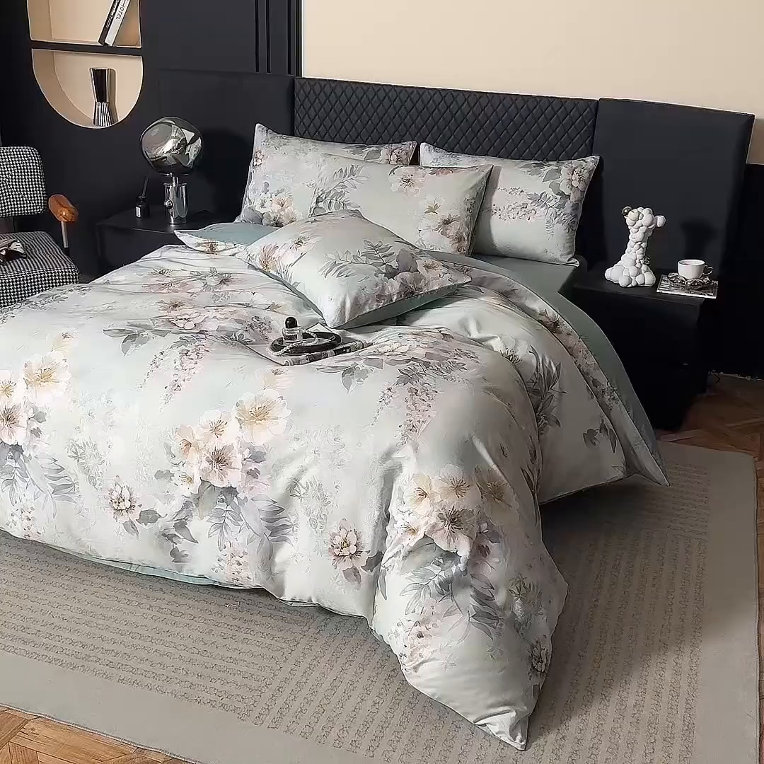 91家纺网 家纺一手货源 找家纺 优姿家纺 2026新款60支全棉贡缎数码印花四件套 绚雅