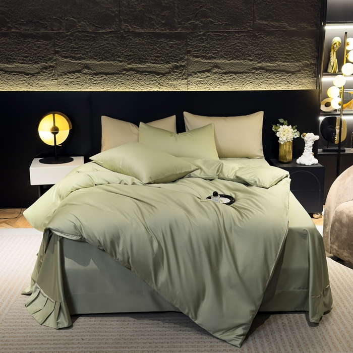 91家纺网 家纺一手货源 找家纺 优姿家纺 2026新款60长绒棉贡缎纯色系列四件套 抹茶绿