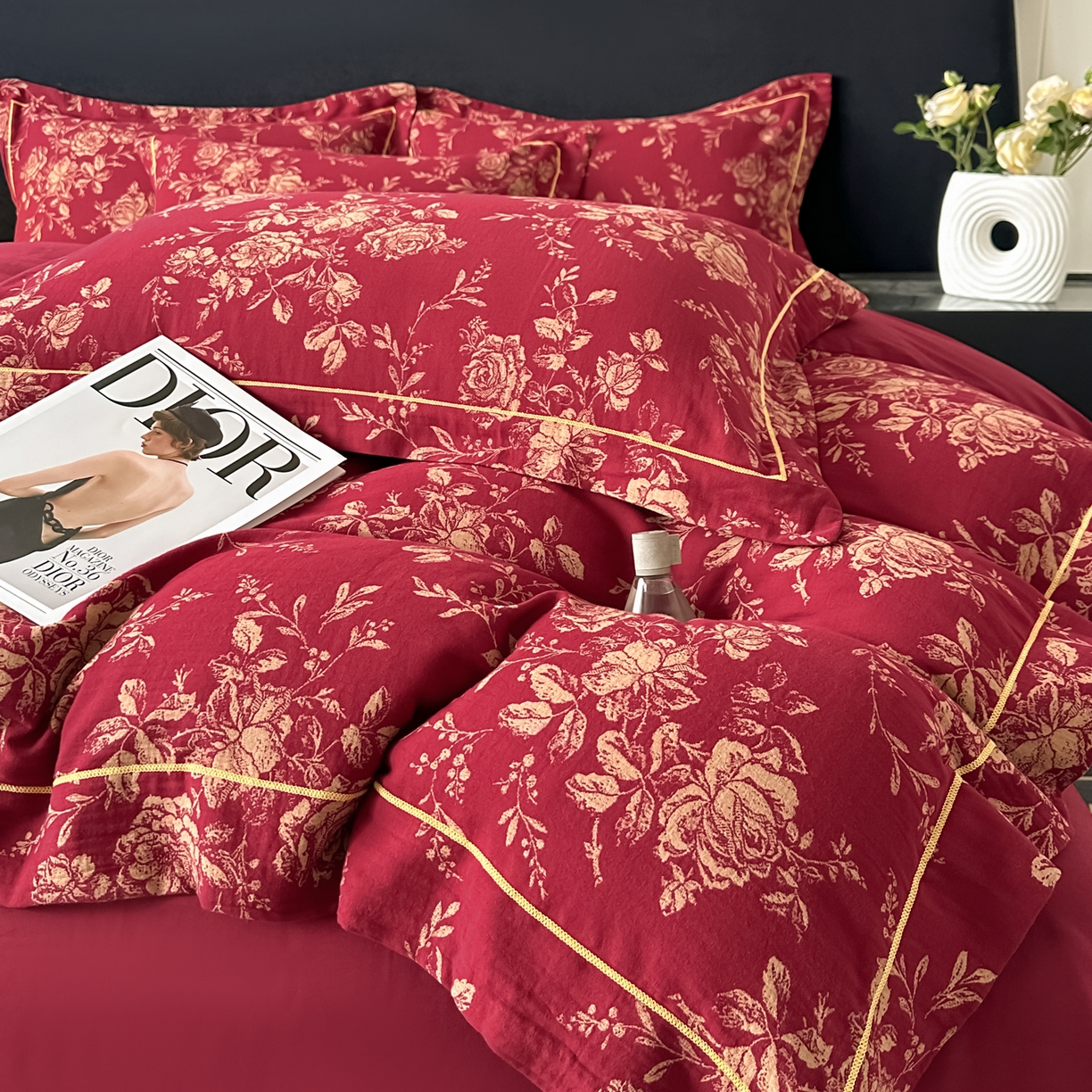 91家纺网 家纺一手货源 找家纺 金丝鸟家纺 2025新款全棉纯棉色织提花婚庆四件套 艾莎