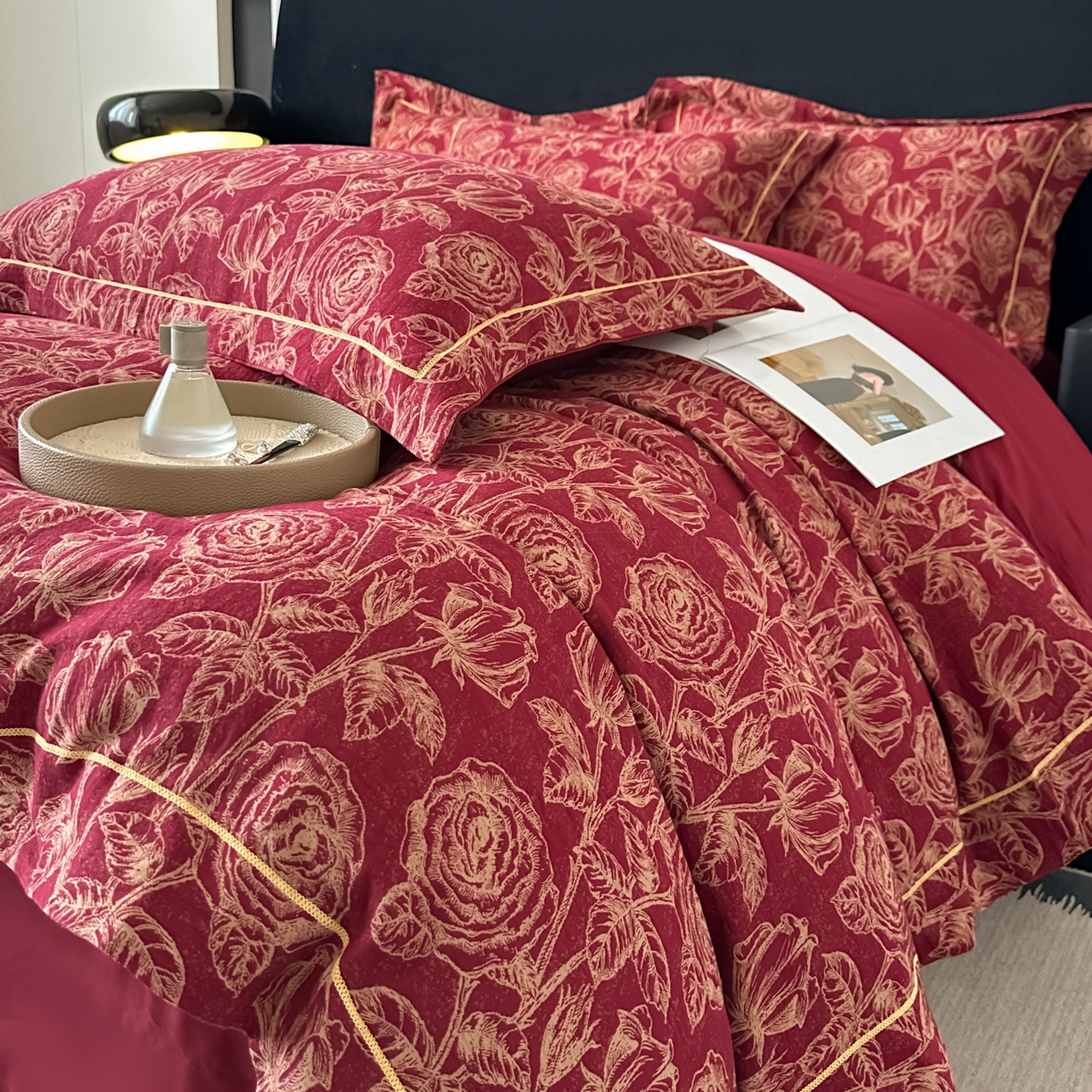 金丝鸟家纺 2025新款全棉纯棉色织提花婚庆四件套 洛神玫瑰