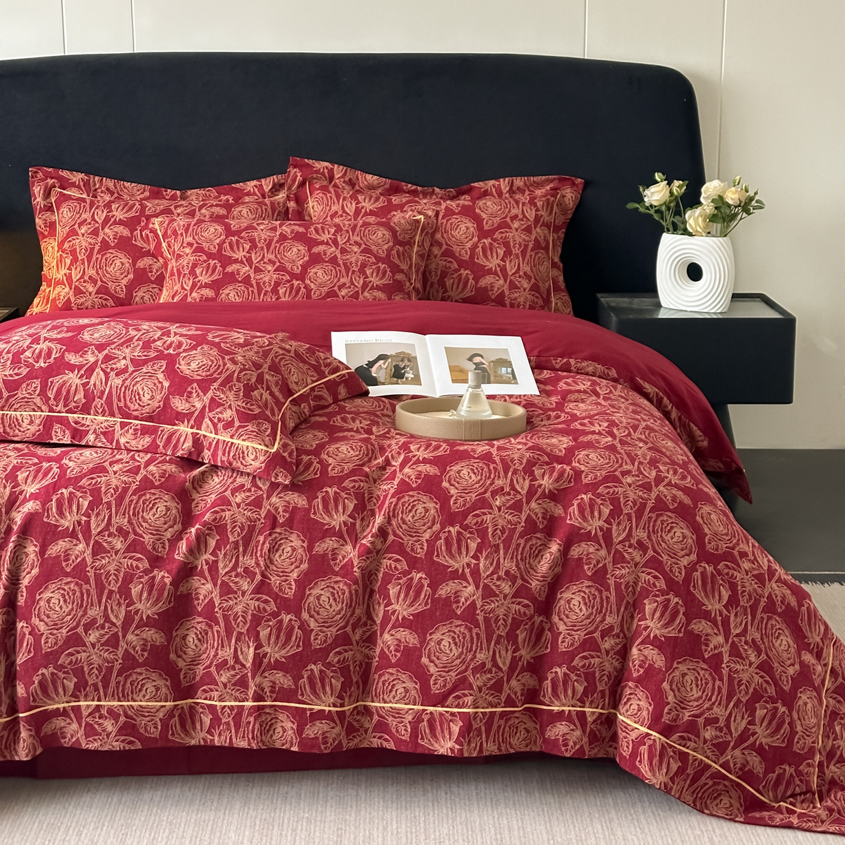 91家纺网 家纺一手货源 找家纺 金丝鸟家纺 2025新款全棉纯棉色织提花婚庆四件套 洛神玫瑰