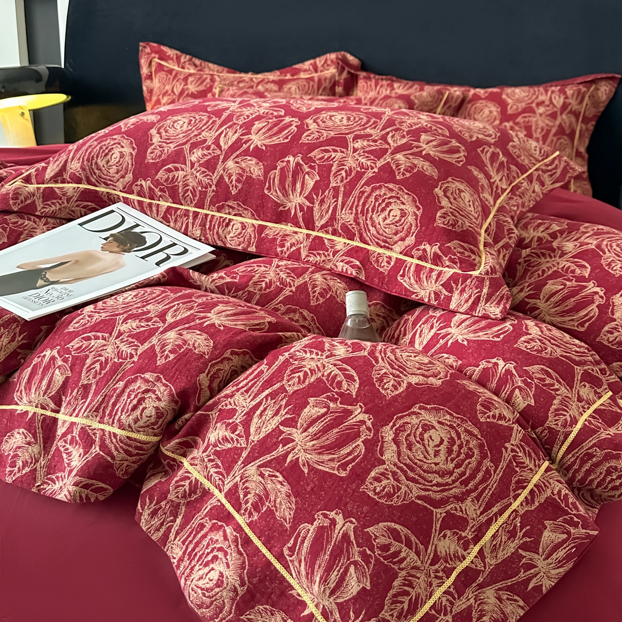 91家纺网 家纺一手货源 找家纺 金丝鸟家纺 2025新款全棉纯棉色织提花婚庆四件套 洛神玫瑰