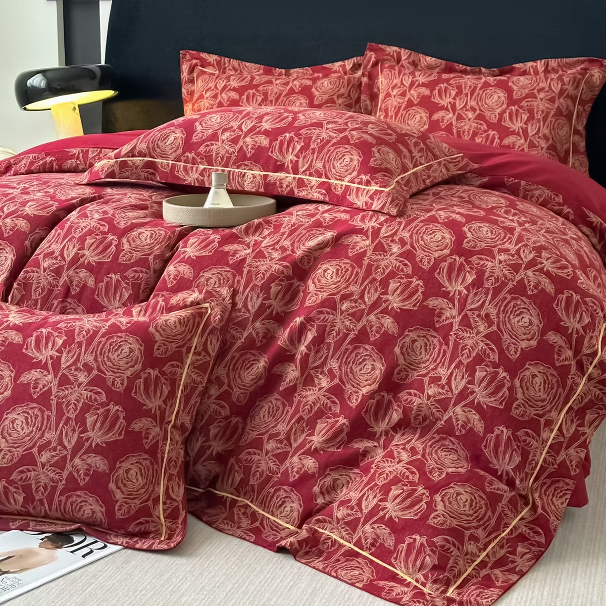 91家纺网 家纺一手货源 找家纺 金丝鸟家纺 2025新款全棉纯棉色织提花婚庆四件套 洛神玫瑰