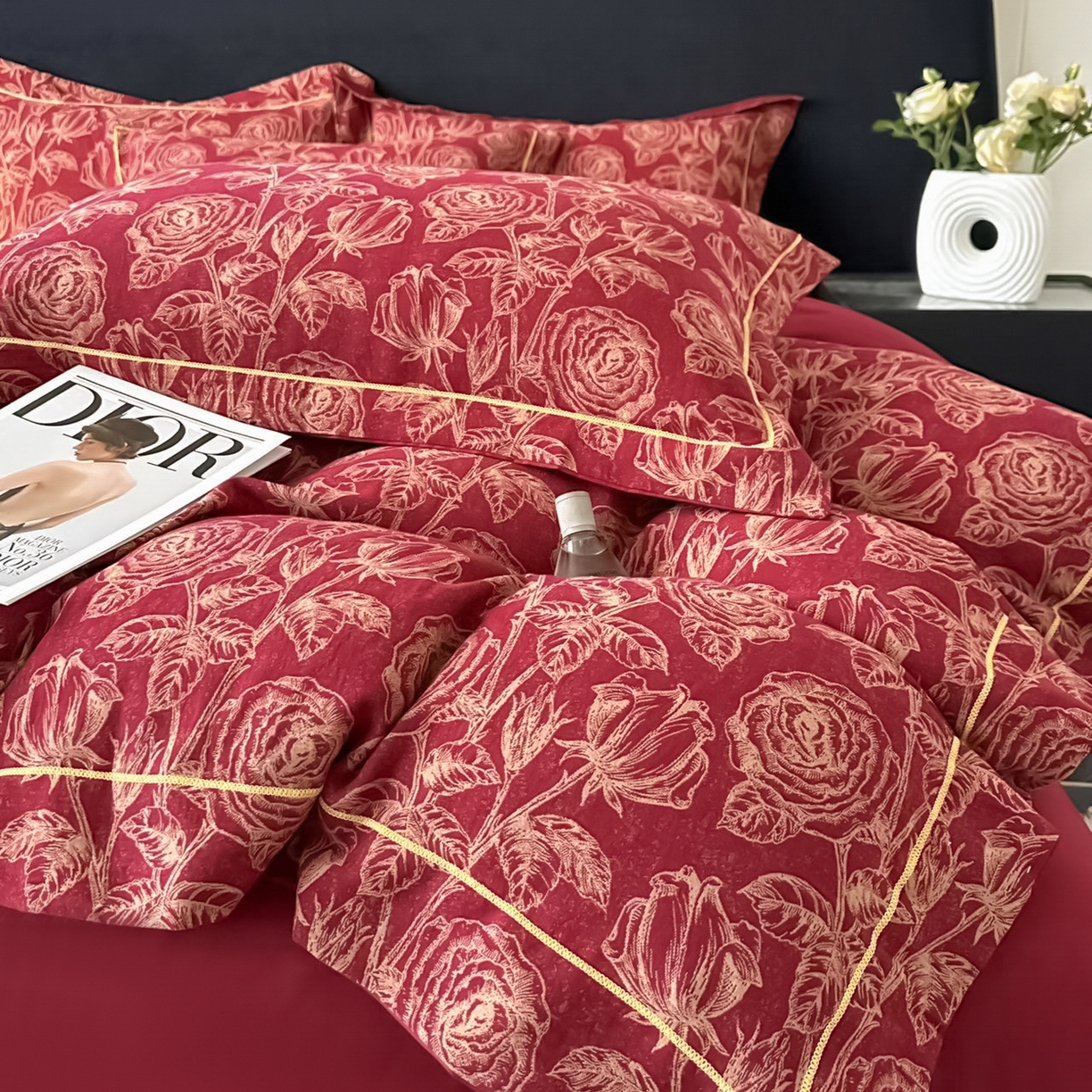 91家纺网 家纺一手货源 找家纺 金丝鸟家纺 2025新款全棉纯棉色织提花婚庆四件套 洛神玫瑰