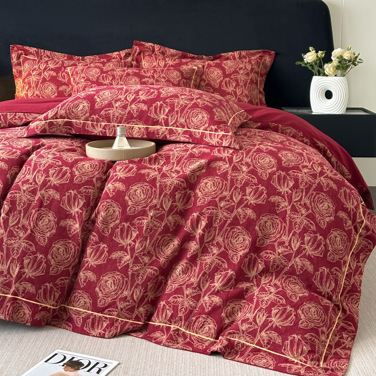 91家纺网 家纺一手货源 找家纺 金丝鸟家纺 2025新款全棉纯棉色织提花婚庆四件套 洛神玫瑰