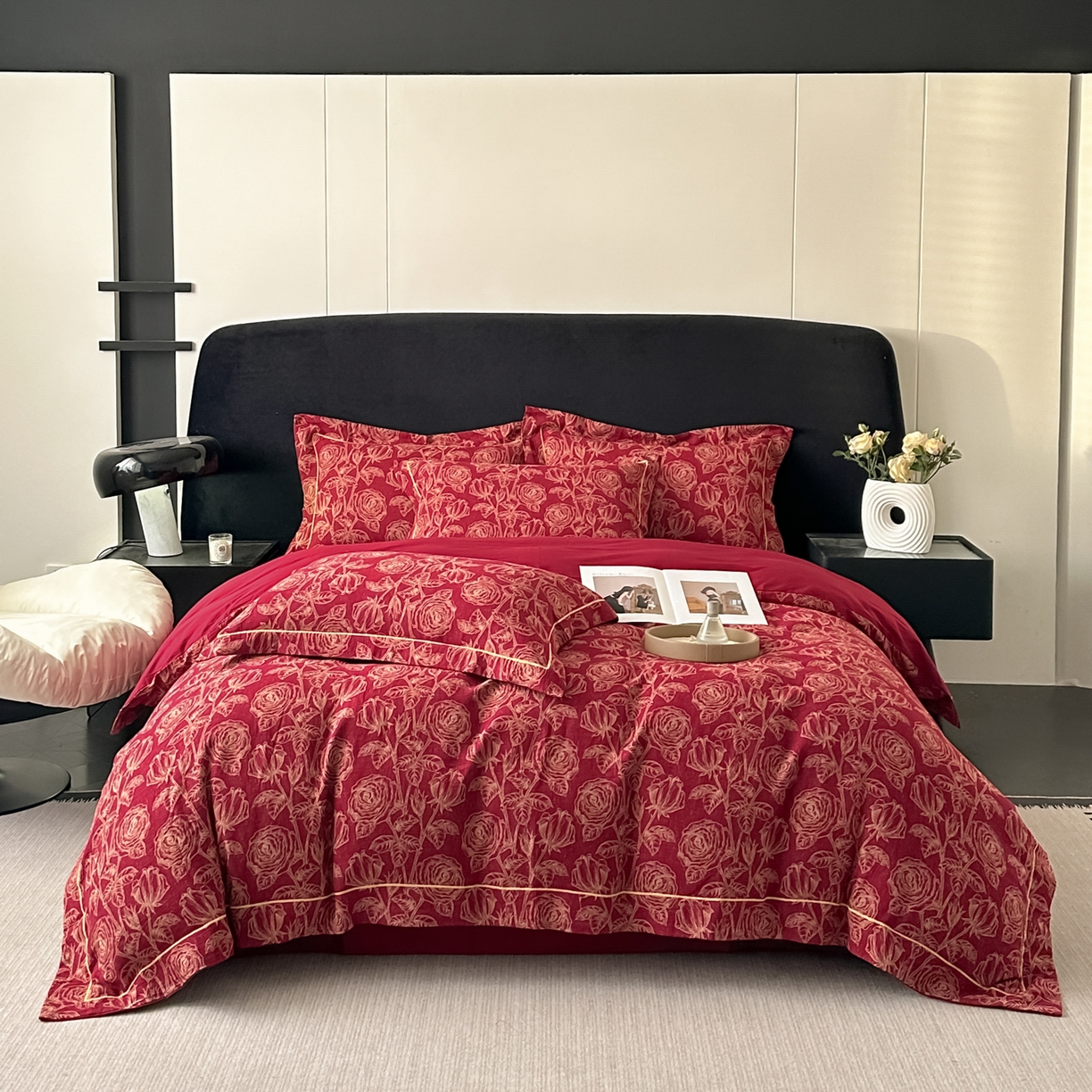 91家纺网 家纺一手货源 找家纺 金丝鸟家纺 2025新款全棉纯棉色织提花婚庆四件套 洛神玫瑰