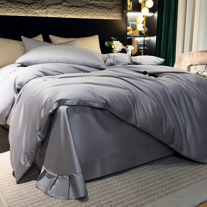 91家纺网 家纺一手货源 找家纺 优姿家纺 2026新款60长绒棉贡缎纯色系列四件套 高级灰