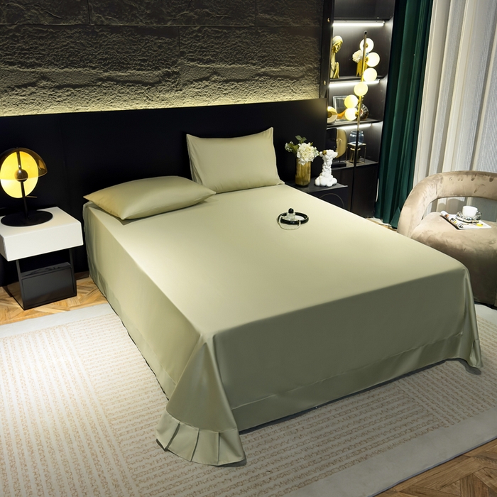 91家纺网 家纺一手货源 找家纺 优姿家纺 2026新款60长绒棉贡缎纯色系列四件套 抹茶绿