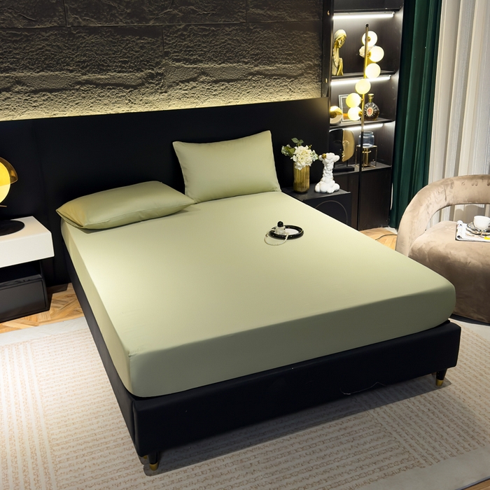 91家纺网 家纺一手货源 找家纺 优姿家纺 2026新款60长绒棉贡缎纯色系列四件套 抹茶绿