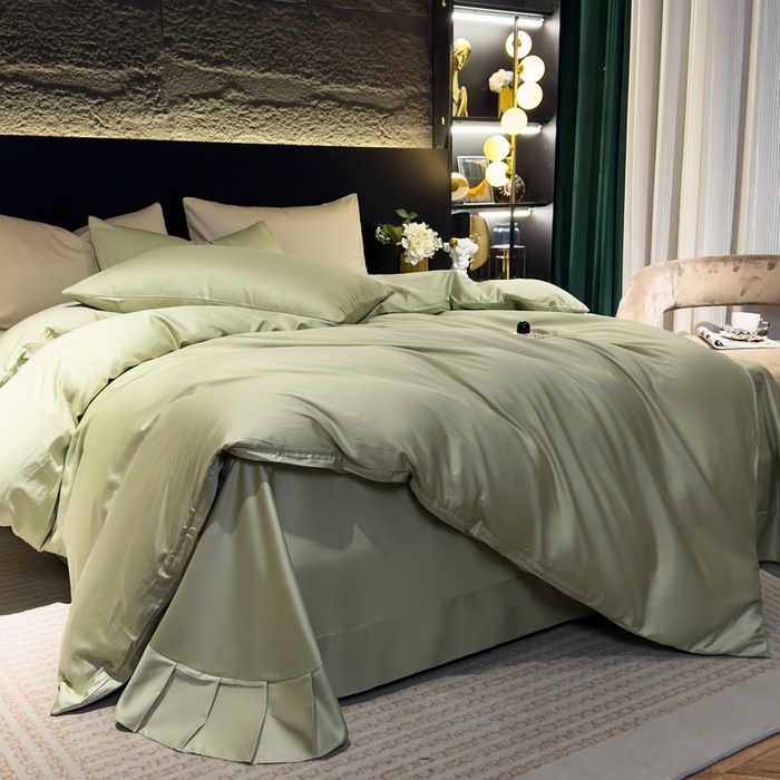 91家纺网 家纺一手货源 找家纺 优姿家纺 2026新款60长绒棉贡缎纯色系列四件套 抹茶绿