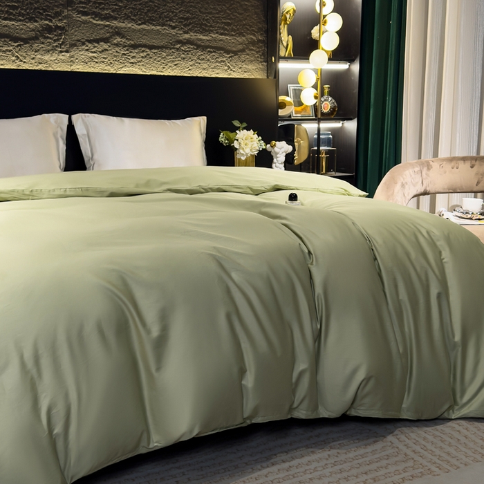 91家纺网 家纺一手货源 找家纺 优姿家纺 2026新款60长绒棉贡缎纯色系列四件套 抹茶绿