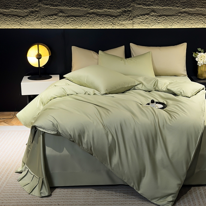 91家纺网 家纺一手货源 找家纺 优姿家纺 2026新款60长绒棉贡缎纯色系列四件套 抹茶绿