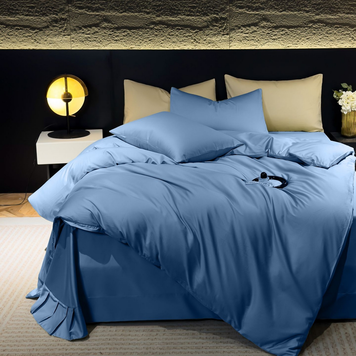 优姿家纺 2026新款60长绒棉贡缎纯色系列四件套 深海蓝