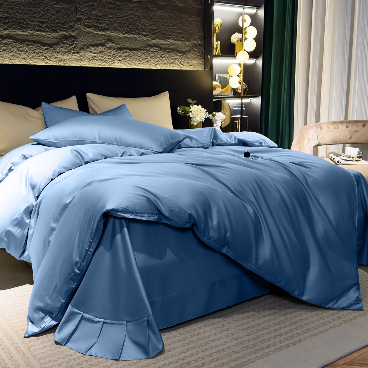 91家纺网 家纺一手货源 找家纺 优姿家纺 2026新款60长绒棉贡缎纯色系列四件套 深海蓝