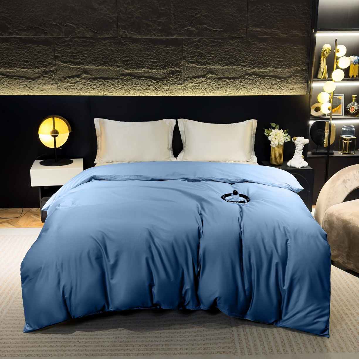 91家纺网 家纺一手货源 找家纺 优姿家纺 2026新款60长绒棉贡缎纯色系列四件套 深海蓝