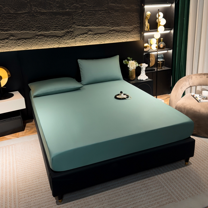 91家纺网 家纺一手货源 找家纺 优姿家纺 2026新款60长绒棉贡缎纯色系列四件套 松石绿