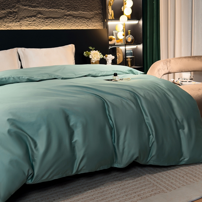 91家纺网 家纺一手货源 找家纺 优姿家纺 2026新款60长绒棉贡缎纯色系列四件套 松石绿