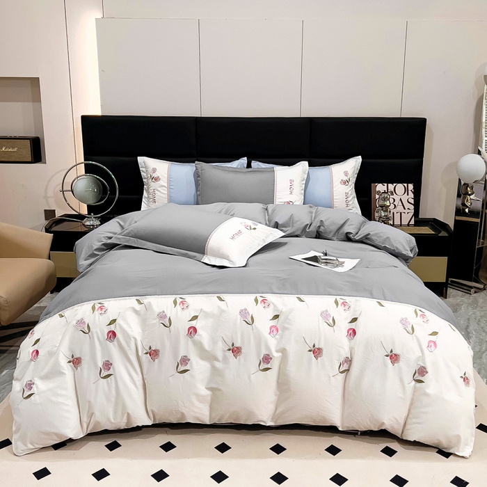 91家纺网 家纺一手货源 找家纺 优姿家纺 2026新款全棉拼接绣花四件套 繁花灰