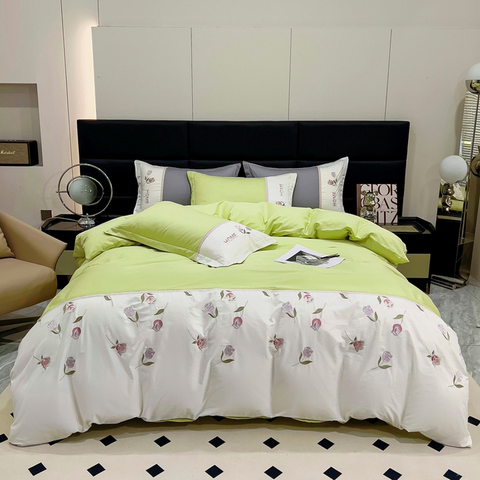 91家纺网 家纺一手货源 找家纺 优姿家纺 2026新款全棉拼接绣花四件套 繁花绿