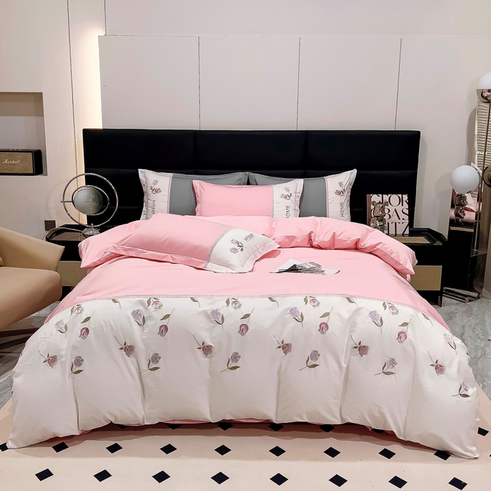 优姿家纺 2026新款全棉拼接绣花四件套 繁花粉