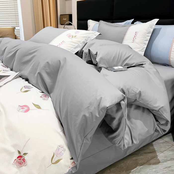 91家纺网 家纺一手货源 找家纺 优姿家纺 2026新款全棉拼接绣花四件套 繁花灰