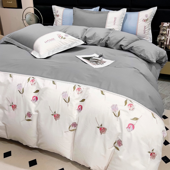 91家纺网 家纺一手货源 找家纺 优姿家纺 2026新款全棉拼接绣花四件套 繁花灰