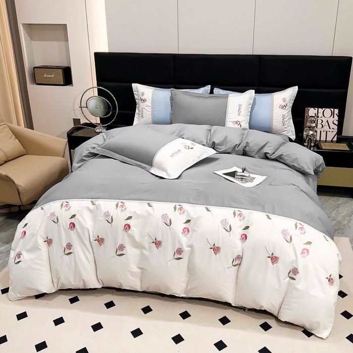 91家纺网 家纺一手货源 找家纺 优姿家纺 2026新款全棉拼接绣花四件套 繁花灰