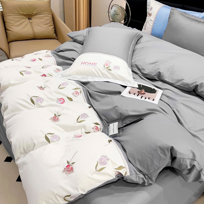 91家纺网 家纺一手货源 找家纺 优姿家纺 2026新款全棉拼接绣花四件套 繁花灰