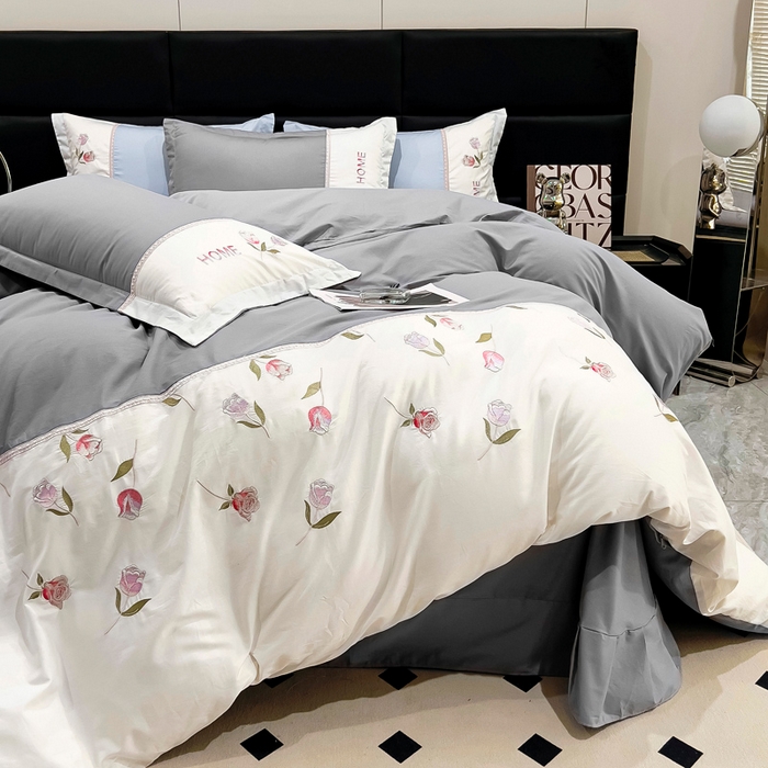 91家纺网 家纺一手货源 找家纺 优姿家纺 2026新款全棉拼接绣花四件套 繁花灰