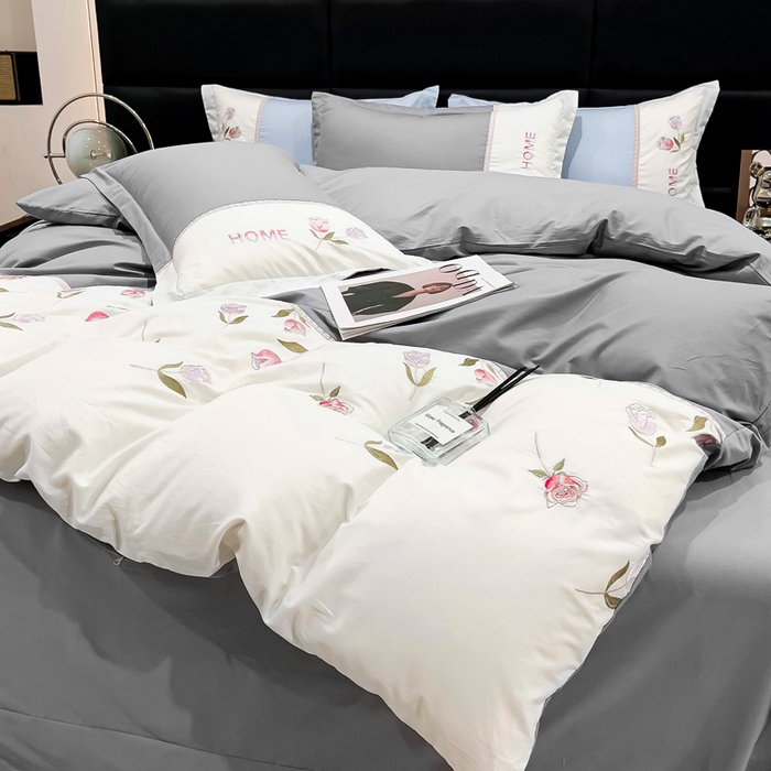 91家纺网 家纺一手货源 找家纺 优姿家纺 2026新款全棉拼接绣花四件套 繁花灰